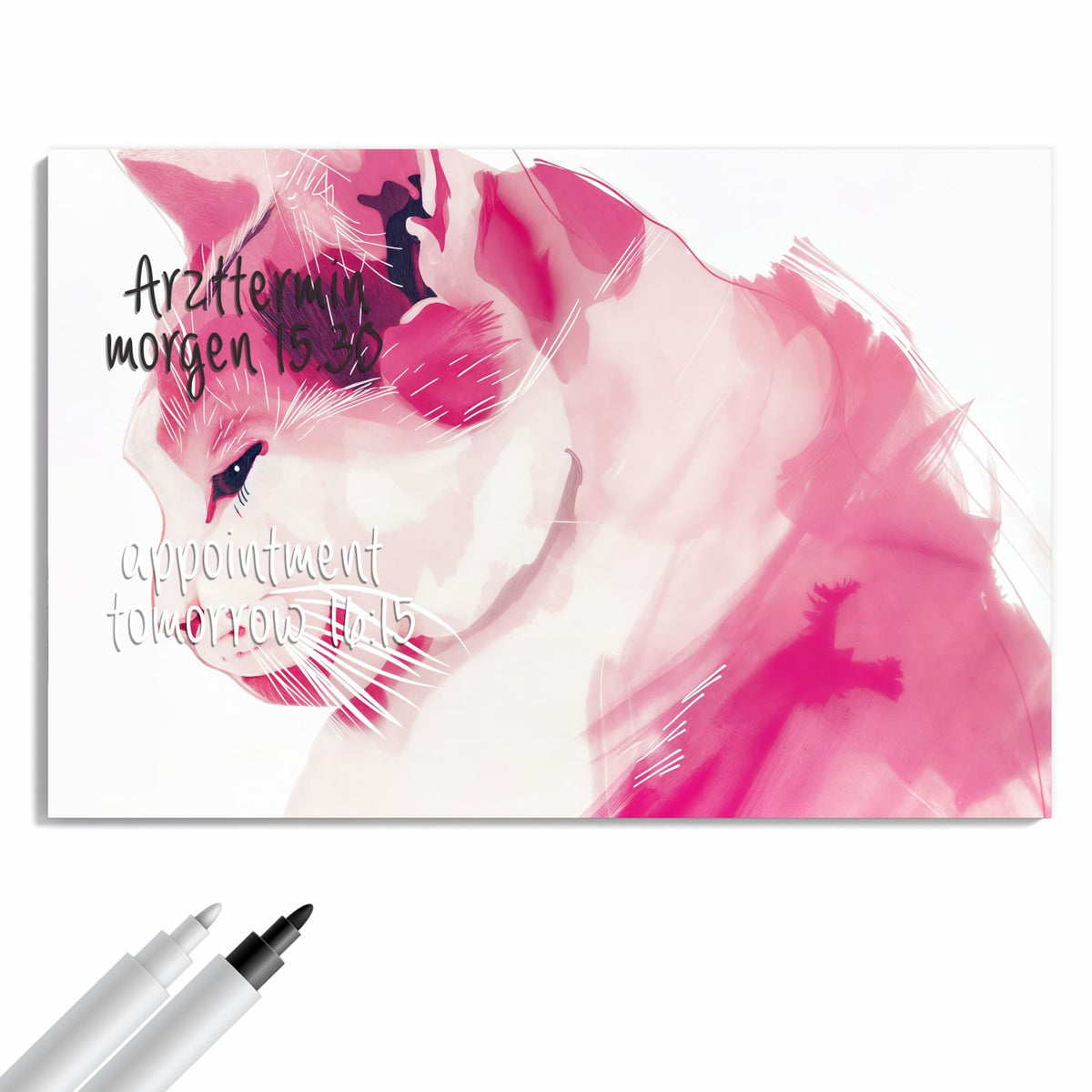 Beschreiben, abwischen, anheften – Metall Magnettafel - Pinke Aquarellkatze