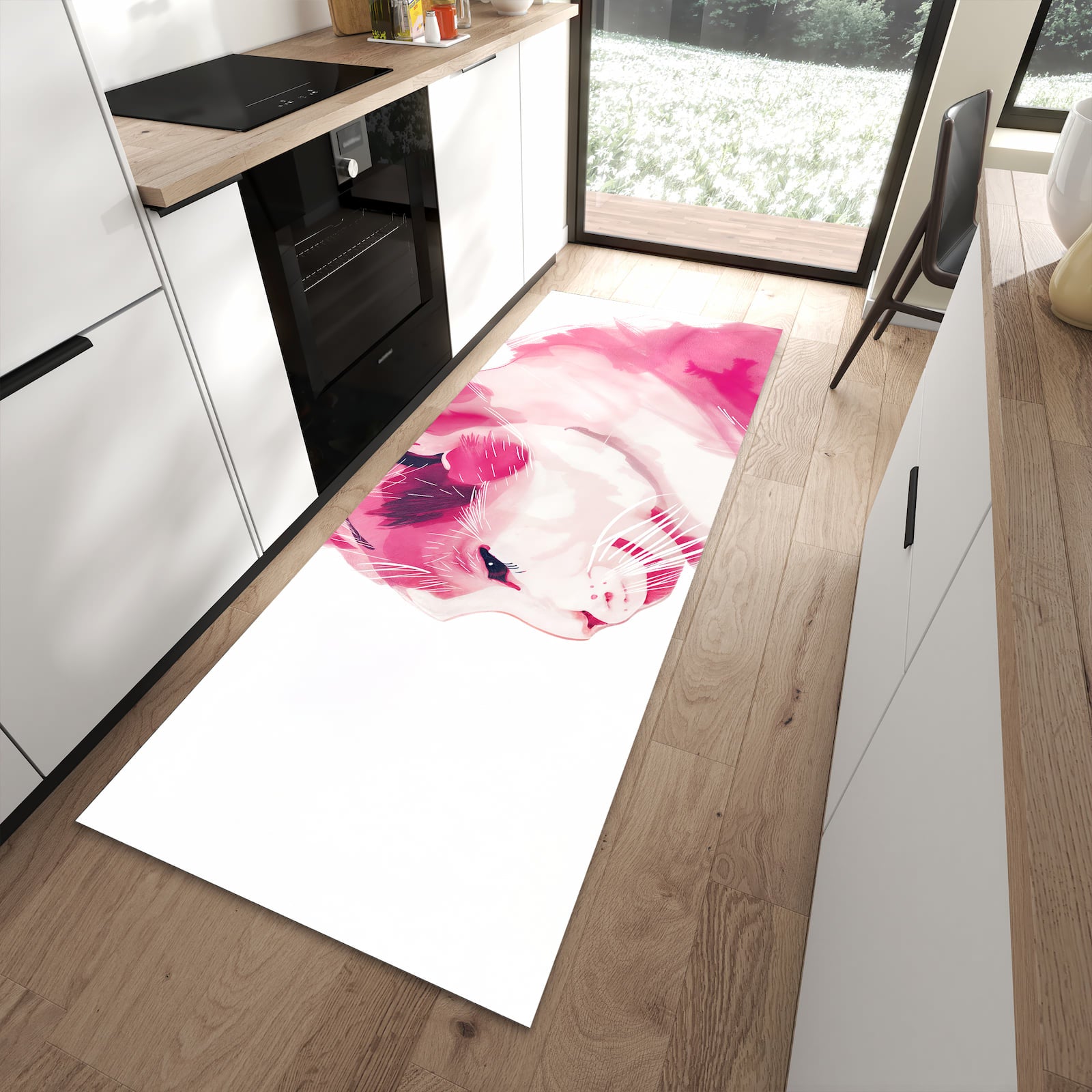 Komfortabler Küchenteppich mit Motiv Katzenportrait in moderner Küche - abwaschbar