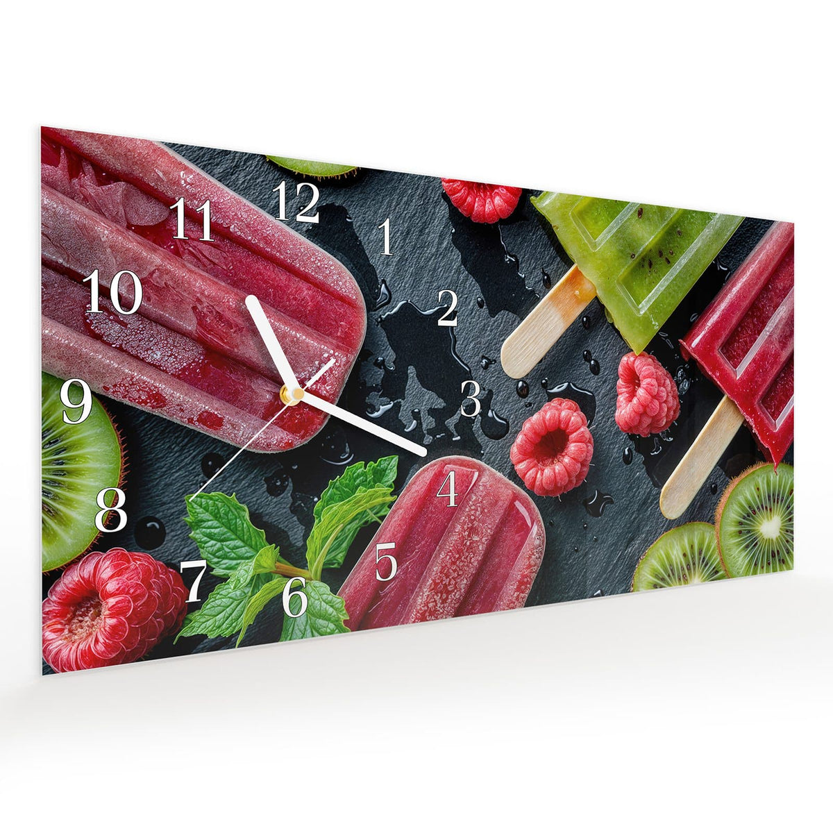 Vormontiert – mit Schwebeeffekt – Wanduhr Frisches Eis am Stiel aus Glas – Querformat 60 × 30 cm
