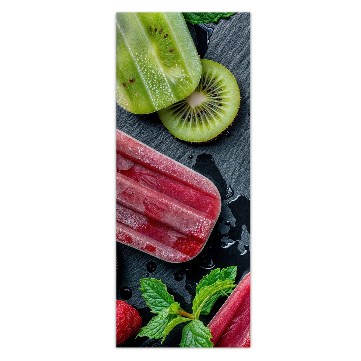 Grünes Kiwi-Eis und rotes Beereneis am Stiel auf dunkler Schieferplatte, dazu Himbeeren, Kiwischeiben und Minze