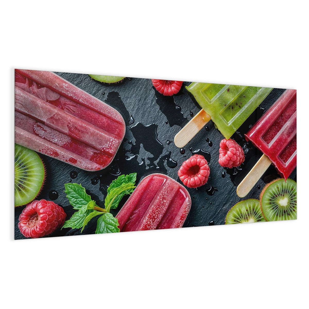 Grünes Kiwi-Eis und rotes Beereneis am Stiel auf dunkler Schieferplatte, dazu Himbeeren, Kiwischeiben und Minze