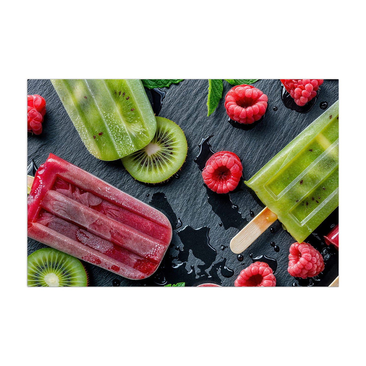 Küchenrückwand aus Glas Fruchteis auf Schiefer im Hochformat, Motiv bildfüllend von vorn