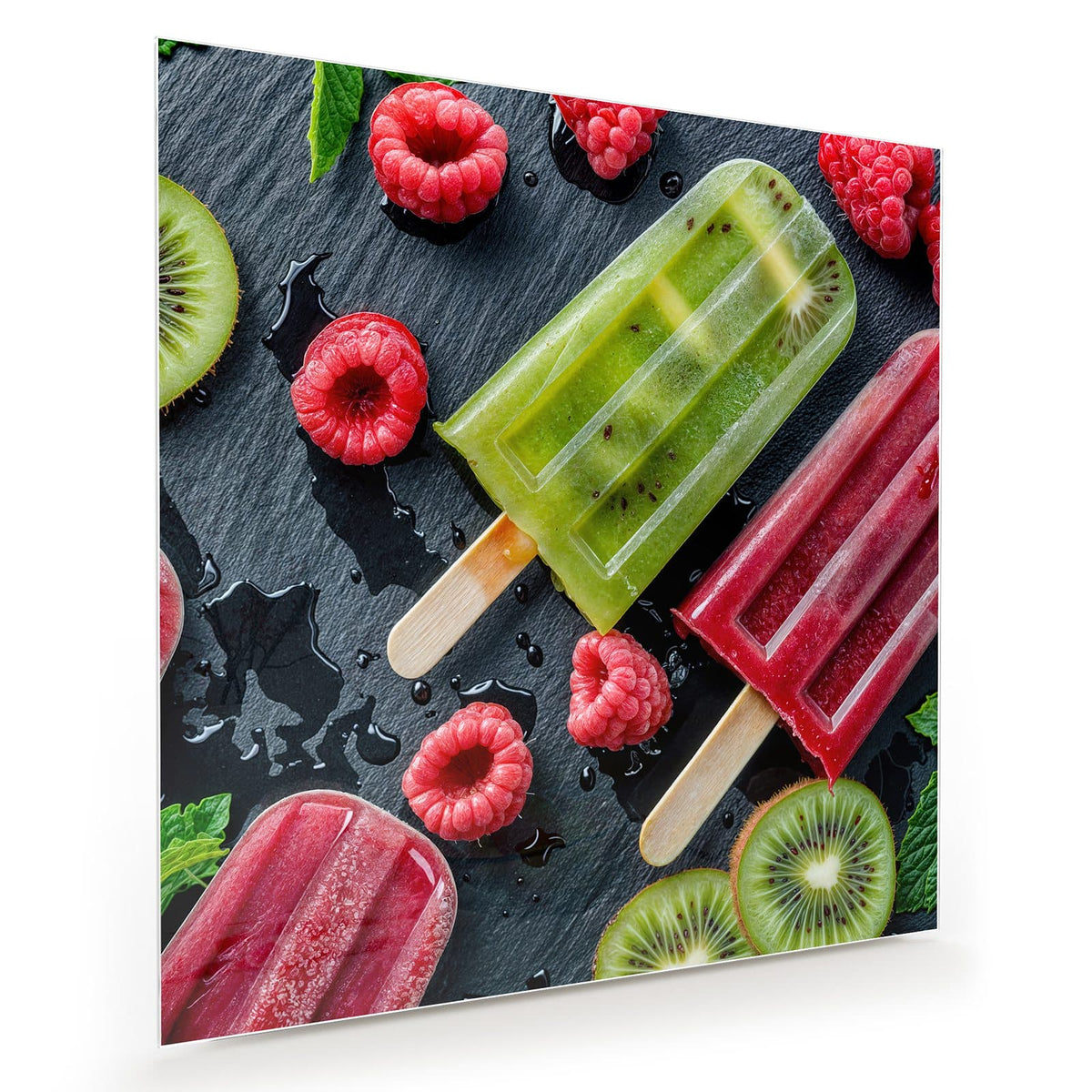 Grünes Kiwi-Eis und rotes Beereneis am Stiel auf dunkler Schieferplatte, dazu Himbeeren, Kiwischeiben und Minze
