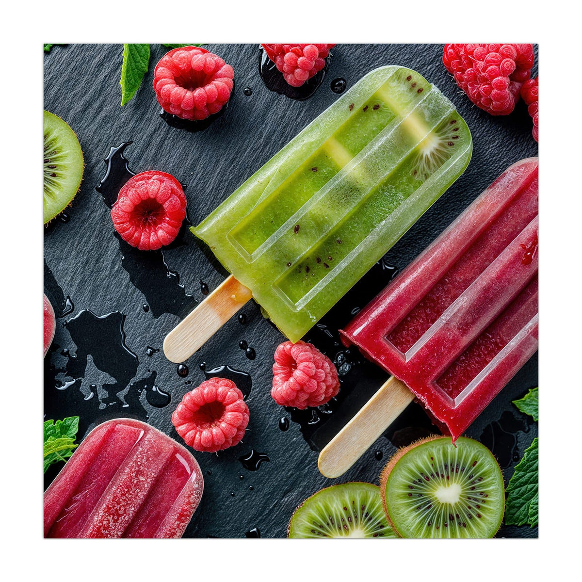 Grünes Kiwi-Eis und rotes Beereneis am Stiel auf dunkler Schieferplatte, dazu Himbeeren, Kiwischeiben und Minze