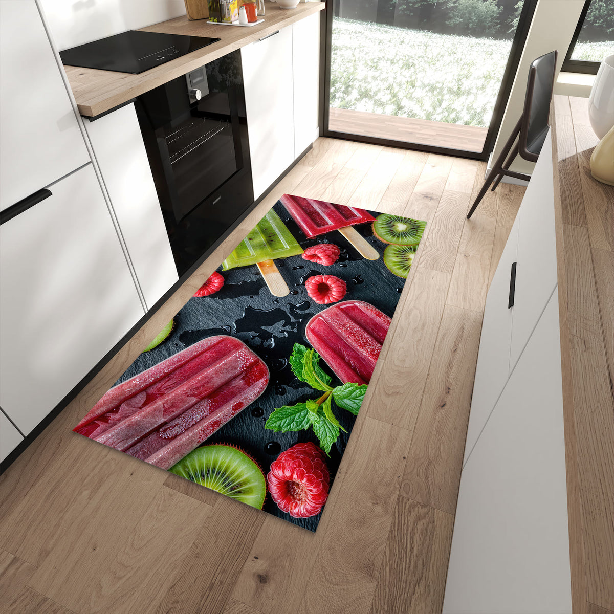 Waschbarer Küchenteppich mit Motiv Frisches Eis am Stiel in moderner Küche