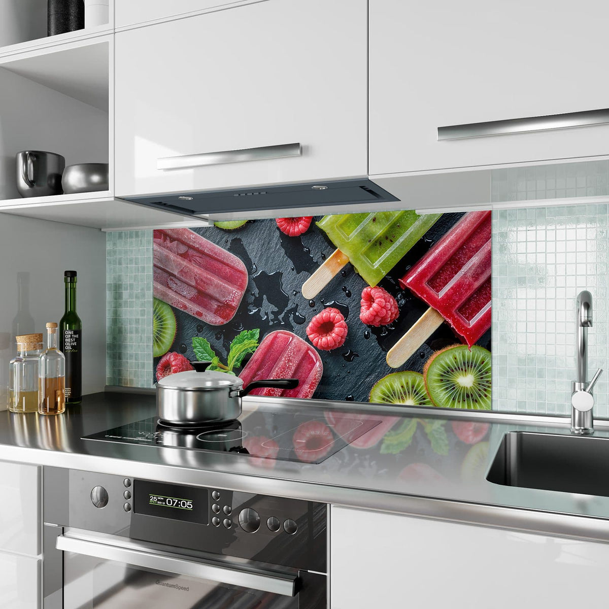 Küchenrückwand aus Glas Fruchteis auf Schiefer im Hochformat als Spritzschutz hinter dem Kochfeld, über dem Fliesenspiegel montiert