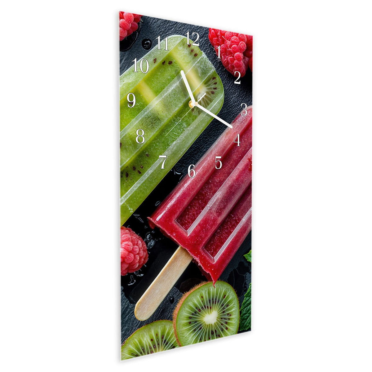 Vormontiert – mit Schwebeeffekt – Wanduhr Frisches Eis am Stiel aus Glas – Hochformat 30 × 60 cm