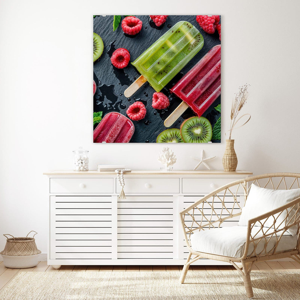 Echtglas, 4 mm – kein Acryl, keine Folie – Wandbild - Fruchteis auf Schiefer - Quadratisch