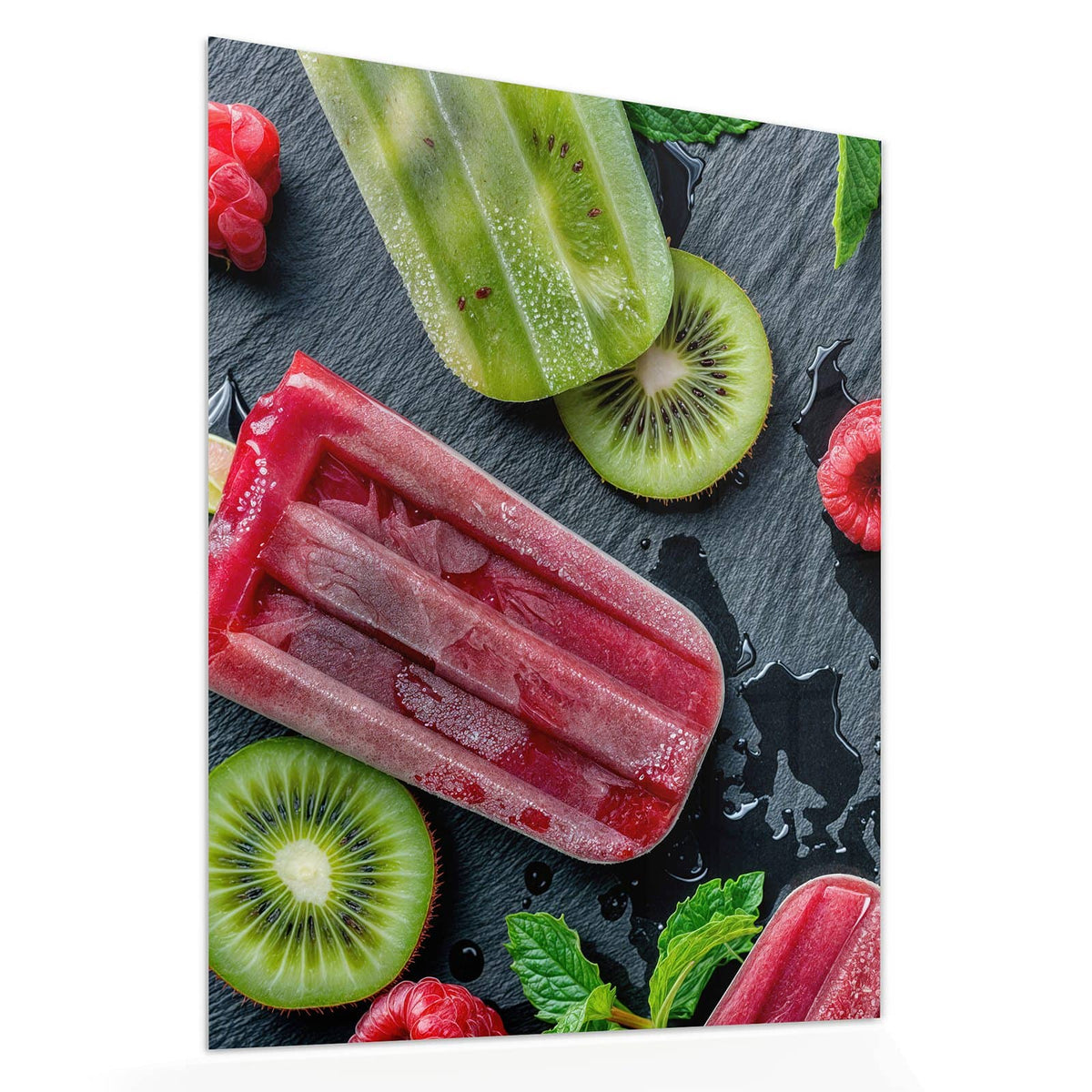 Echtglas, 4 mm – kein Acryl, keine Folie – Wandbild - Fruchteis auf Schiefer - Hochformat
