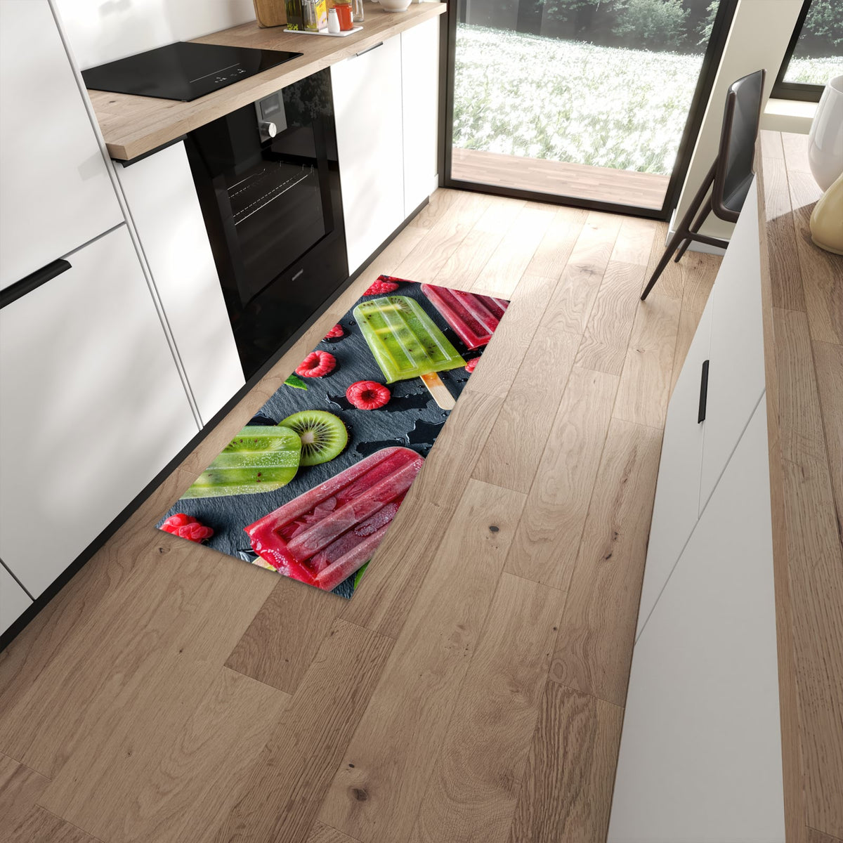 Geruchsneutraler Bodenläufer Teppich mit Motiv Frisches Eis am Stiel in moderner Küche #grösse_60 x 150 cm