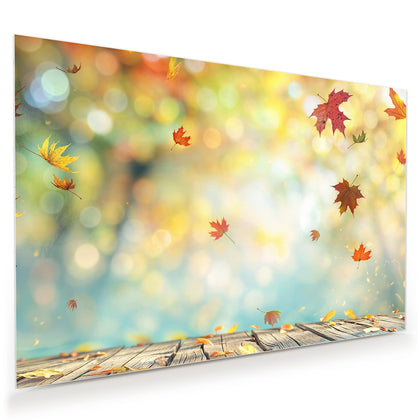 Wandbild mit dem Motiv Herbstlaub auf Holz