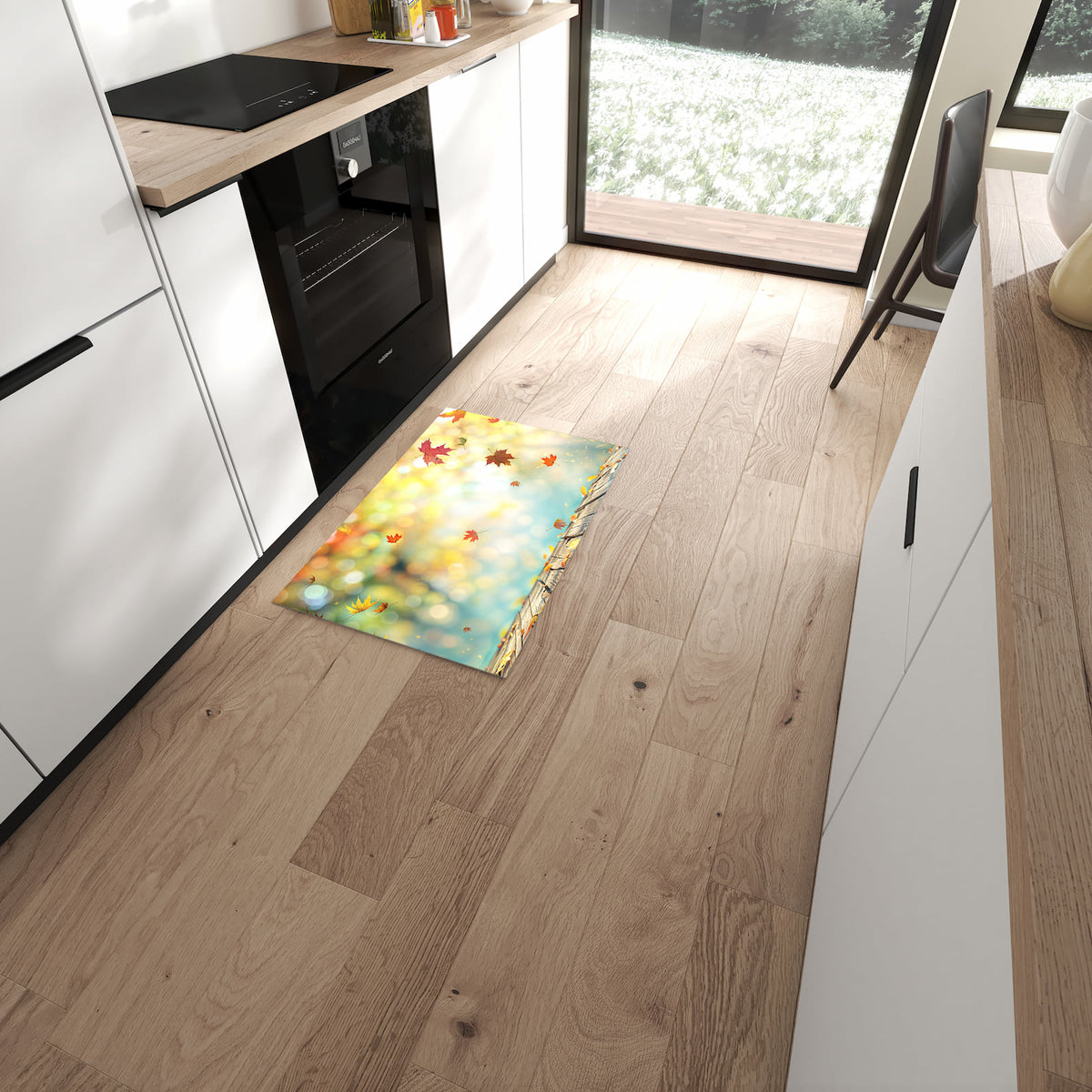 Zeitsparender rutschfester Läufer mit Motiv Herbstlaub Wald in moderner Küche