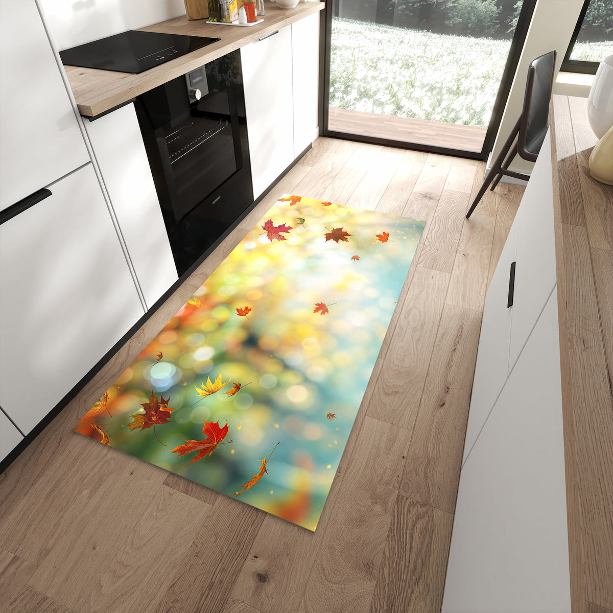Wasserabweisender Teppich für Esstisch mit Motiv Herbstlaub Wald in moderner Küche