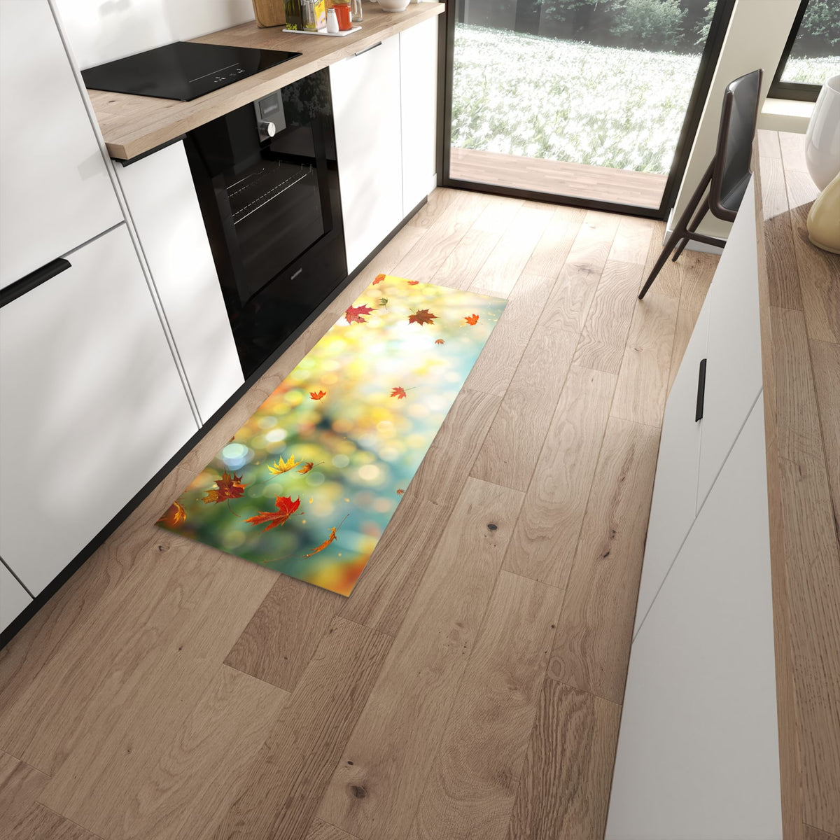 Ordnungsschaffender Teppichläufer mit Motiv Herbstlaub Wald in moderner Küche #grösse_60 x 150 cm