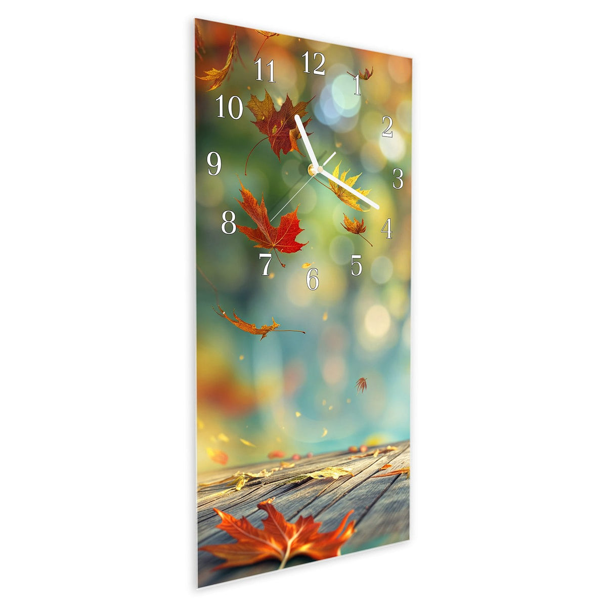 Vormontiert – mit Schwebeeffekt – Wanduhr Herbstlaub Wald aus Glas – Hochformat 30 × 60 cm