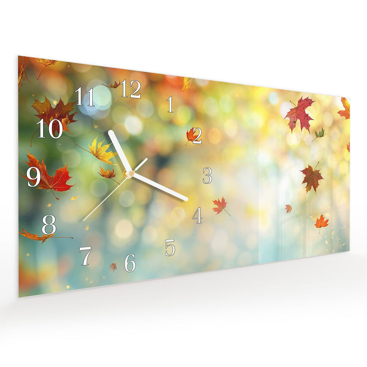 Vormontiert – mit Schwebeeffekt – Wanduhr Herbstlaub Wald aus Glas – Querformat 60 × 30 cm