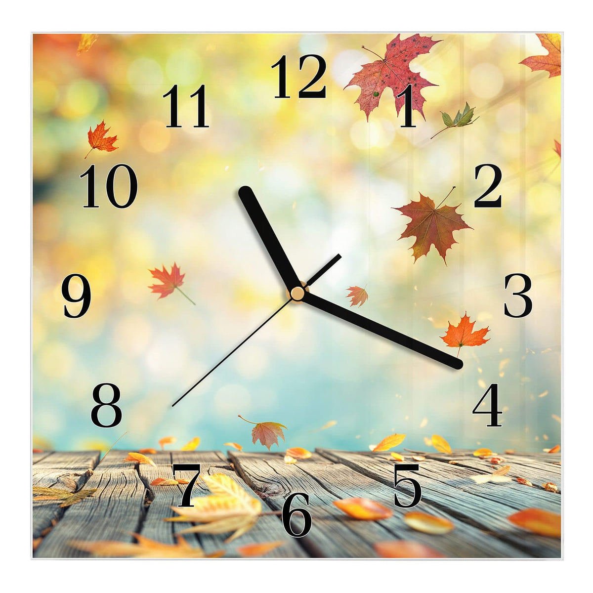 Wanduhr aus Glas, Ziffernblatt Klassisch mit Motiv Herbstlaub auf Holz: Fallende rote und gelbe Ahornblätter über grauen Holzdielen vor türkis-goldenem Bokeh