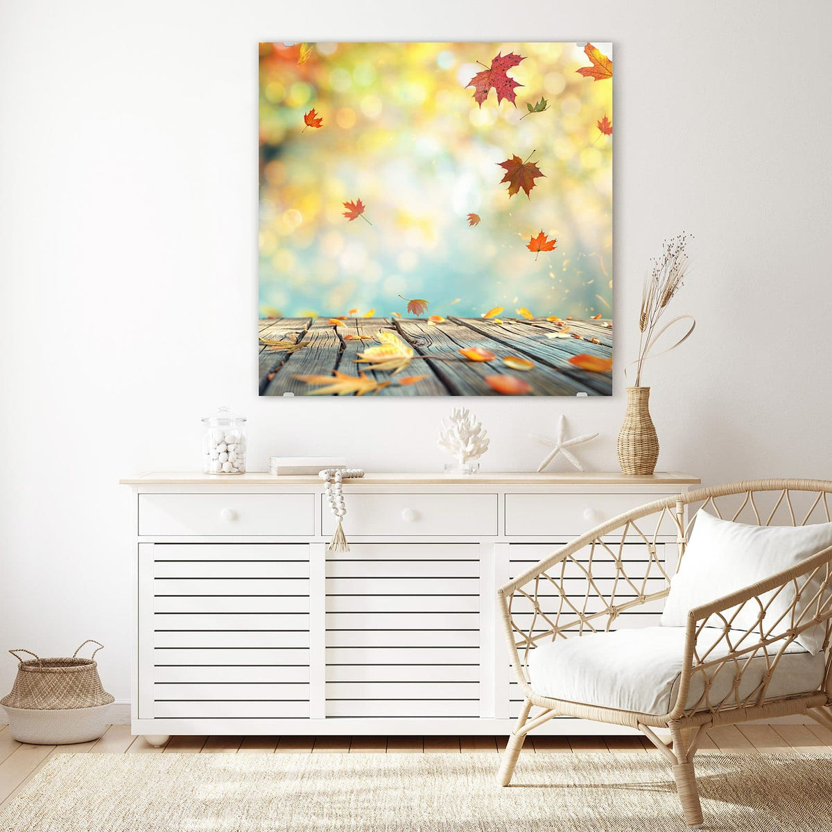 Echtglas, 4 mm – kein Acryl, keine Folie – Wandbild - Herbstlaub auf Holz - Quadratisch