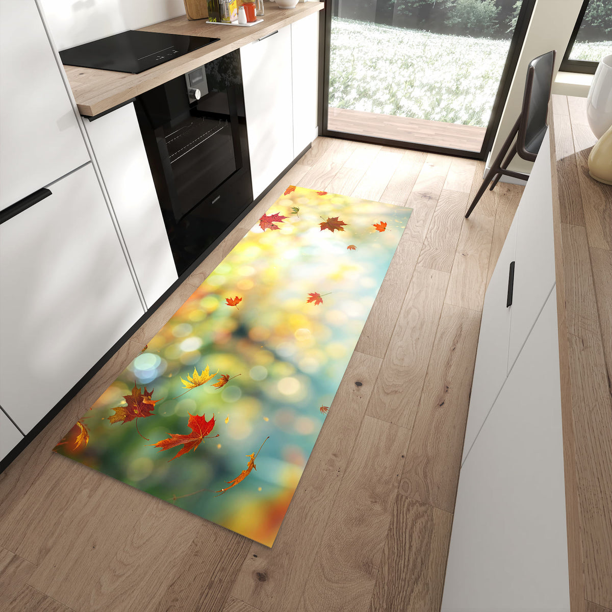 Geräuschdämpfender dünner Teppich mit Motiv Herbstlaub Wald in moderner Küche