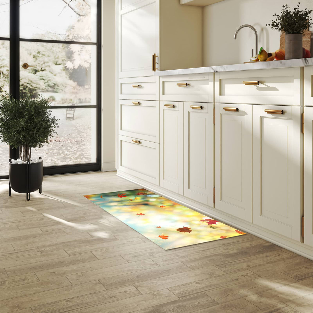 UV-beständiger Küchenteppich mit Motiv Herbstlaub Wald in heller Küche