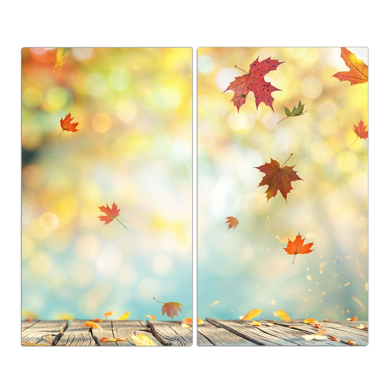 2-teilige Herdabdeckplatte aus Glas mit Herbstlaub Wald-Motiv in der Frontansicht #grösse_2-Teilig (60x52cm)