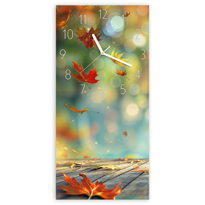 Wanduhr Herbstlaub Wald aus Glas – Hochformat 30 × 60 cm mit Ziffernblatt Elegant