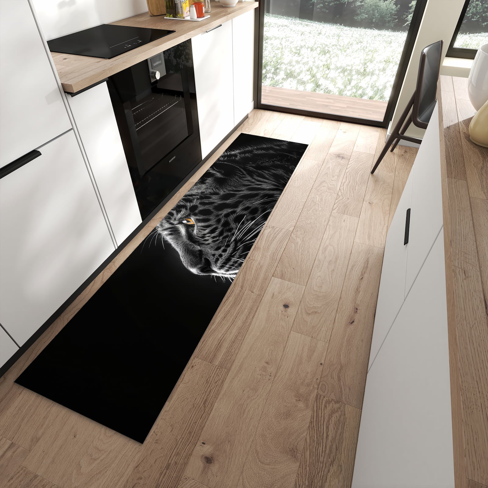 Bodenschonender Küchenläufer nach Maß mit Motiv Leopard Silhouette in moderner Küche