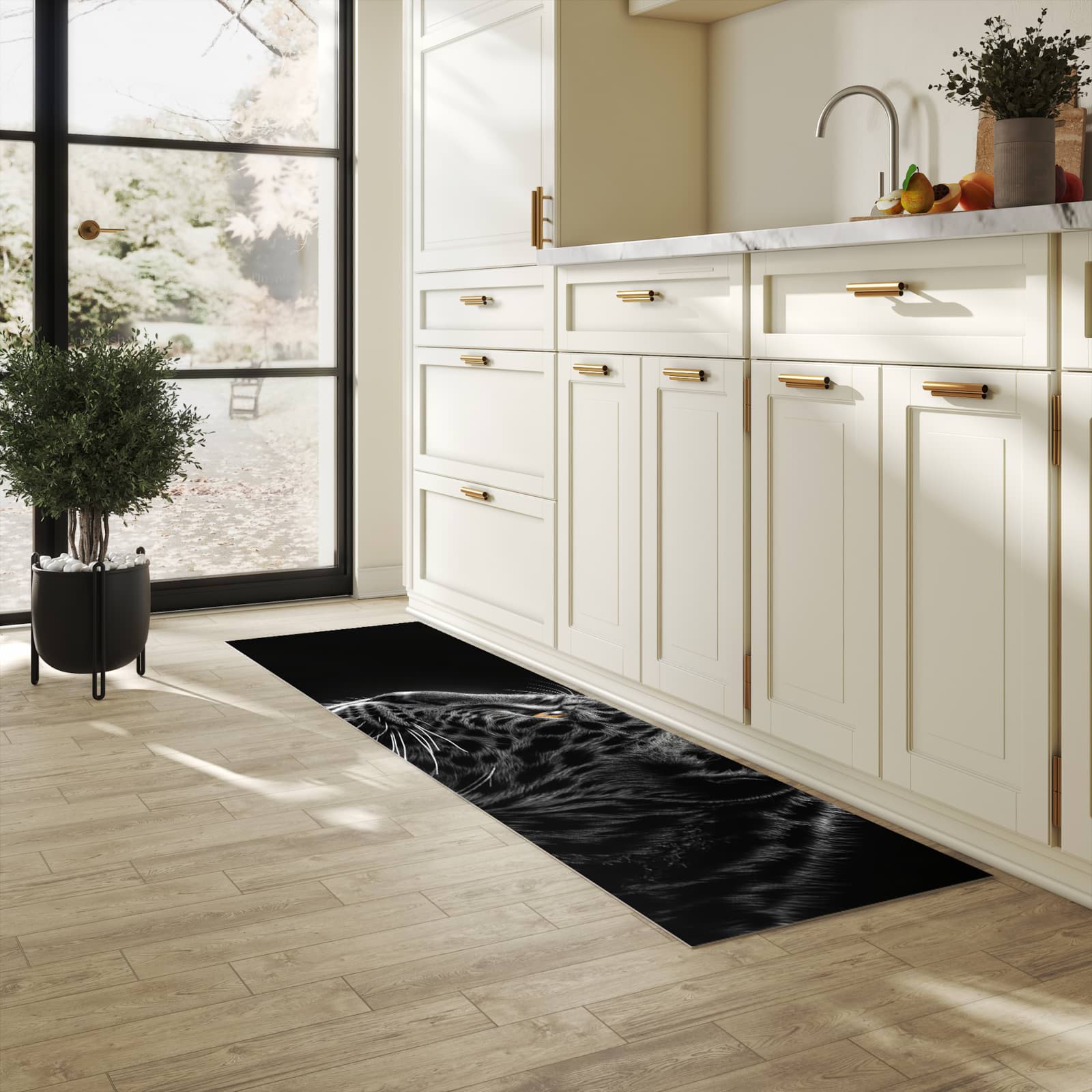 Pflegeleichter Küchenläufer mit Motiv Leopard Silhouette in heller Küche