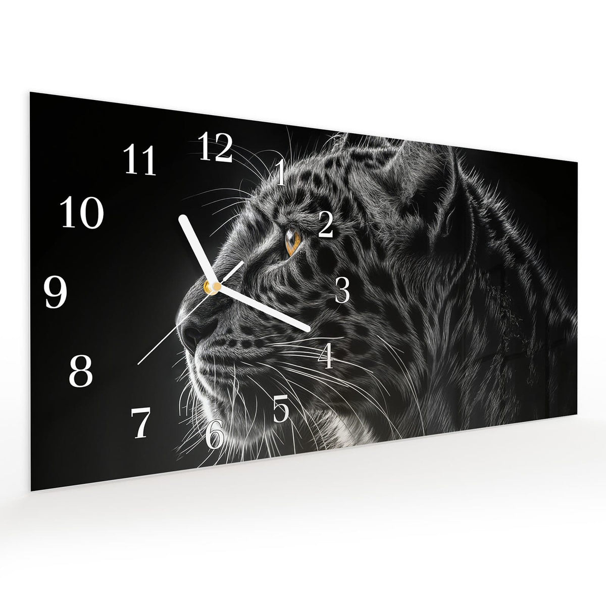 Vormontiert – mit Schwebeeffekt – Wanduhr Leopard Silhouette aus Glas – Querformat 60 × 30 cm