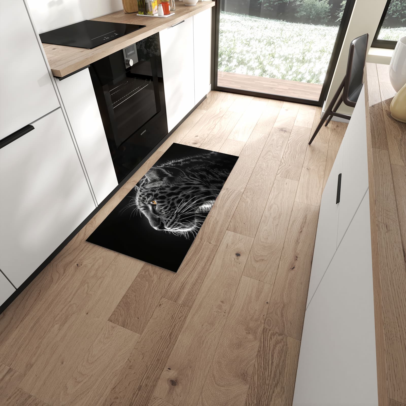 Feuchtigkeitsresistenter waschbarer Küchenläufer mit Motiv Leopard Silhouette in moderner Küche #grösse_60 x 120 cm