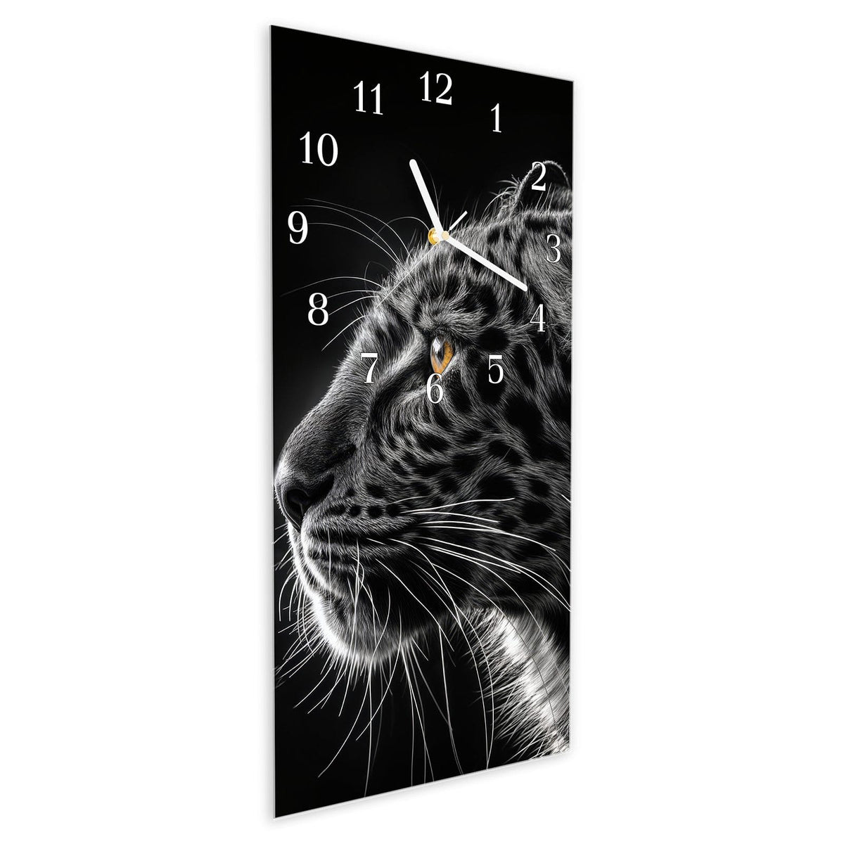 Vormontiert – mit Schwebeeffekt – Wanduhr Leopard Silhouette aus Glas – Hochformat 30 × 60 cm