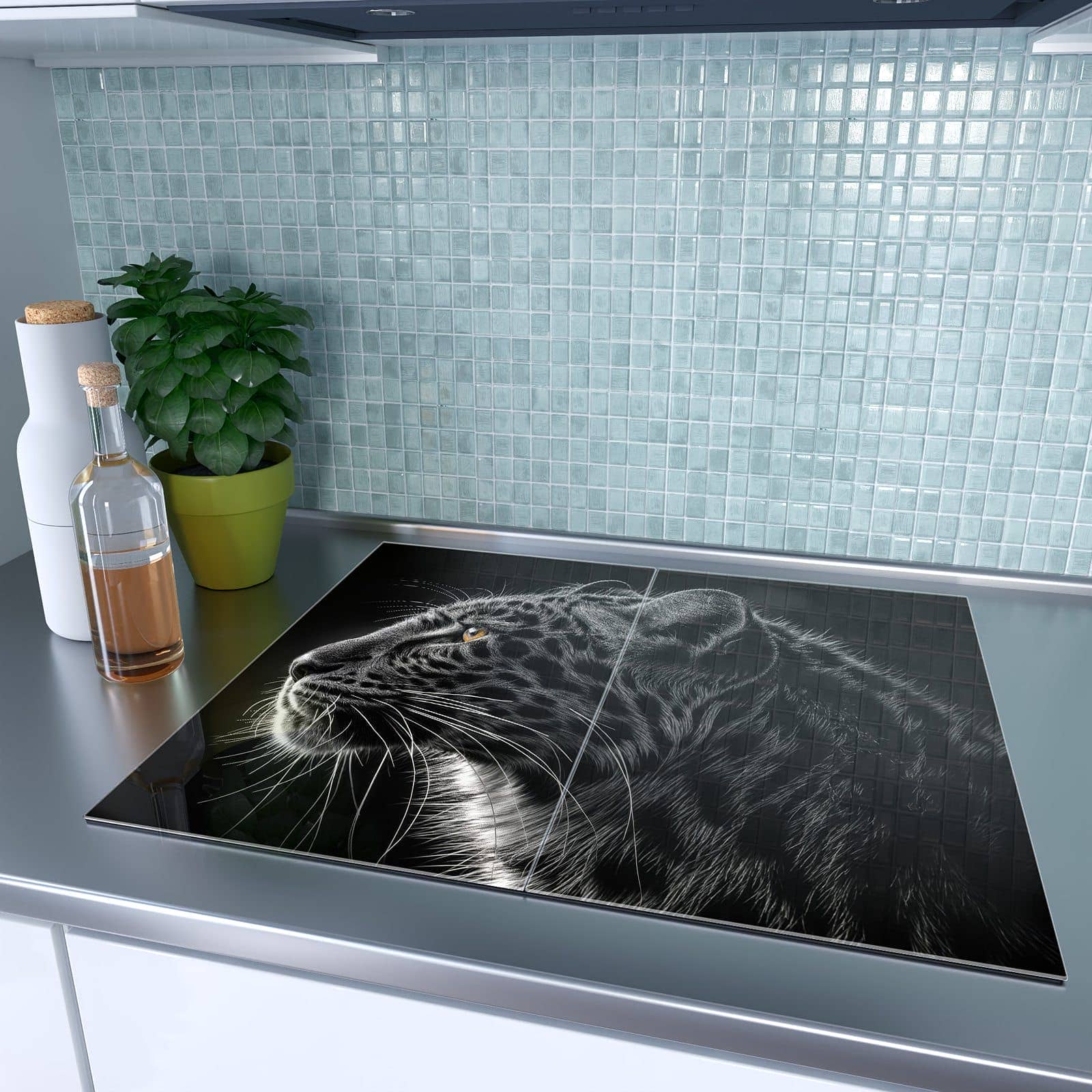 2-teilige Herdabdeckung für Induktionsfeld mit Leopard Silhouette-Motiv auf dem Ceranfeld