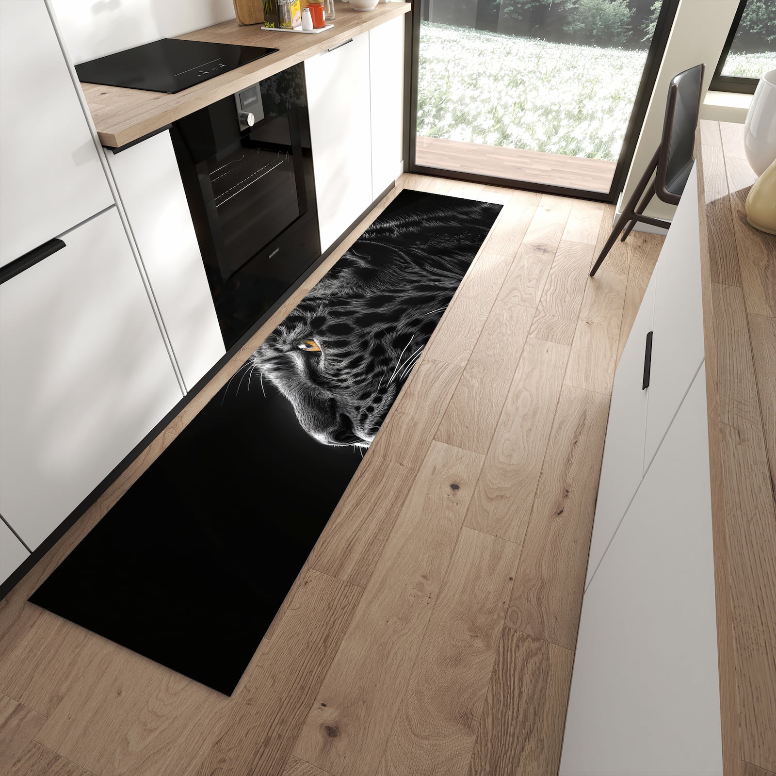 Farbbeständiger Küchenläufer mit Motiv Leopard Silhouette in moderner Küche zum Waschen