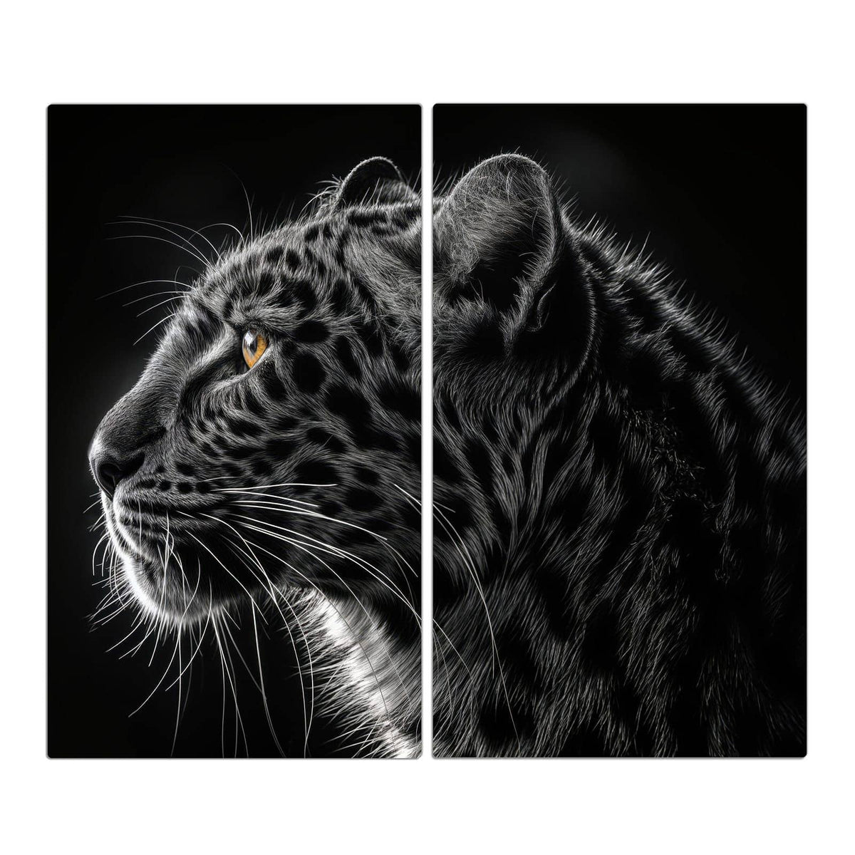 Fotorealistischer Leopardenkopf im Profil, schwarz-weiß, mit einem leuchtend goldenen Auge