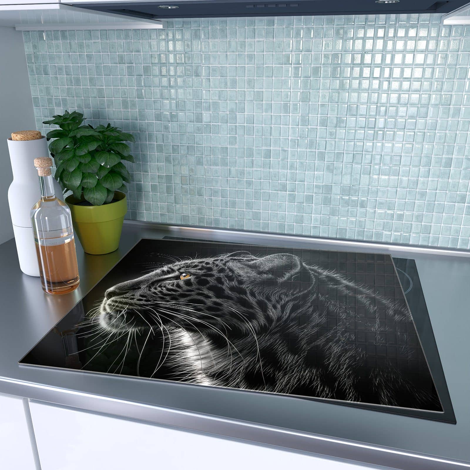1-teilige Herdabdeckplatten aus Glas mit Leopard Silhouette-Motiv auf dem Ceranfeld