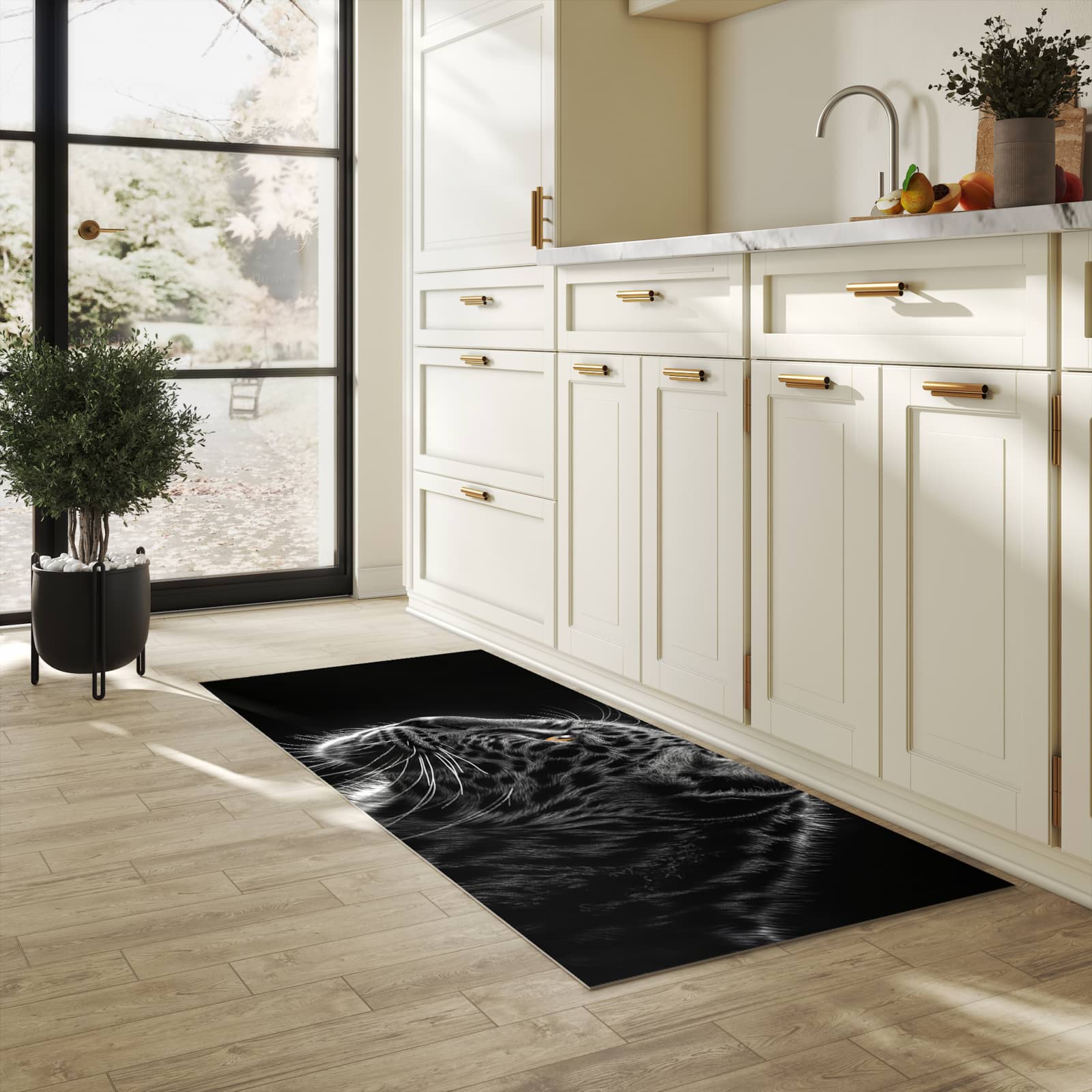 Küchenteppich mit Motiv Leopard Silhouette für angenehme Haptik in heller Küche