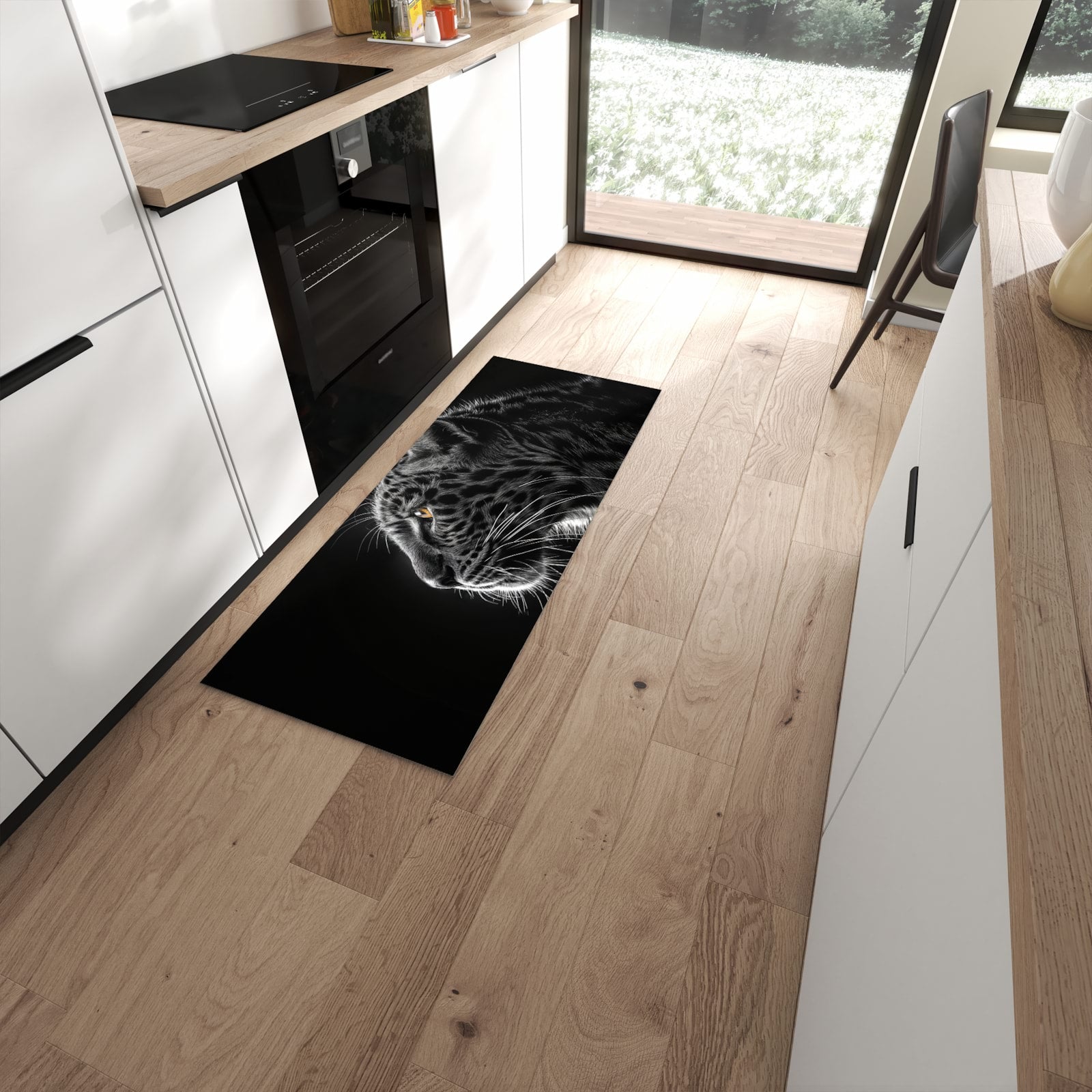 Bodenschonender rutschfester Küchenläufer mit Motiv Leopard Silhouette in moderner Küche #grösse_60 x 150 cm