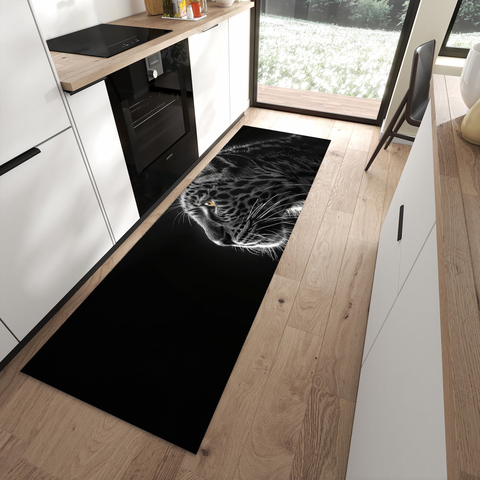 Geräuschdämpfender Küchenteppich mit Motiv Leopard Silhouette in moderner Küche