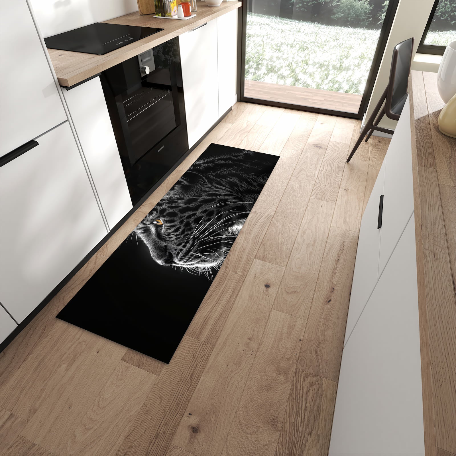 Ordnungsschaffender Küchenläufer mit Motiv Leopard Silhouette in moderner Küche
