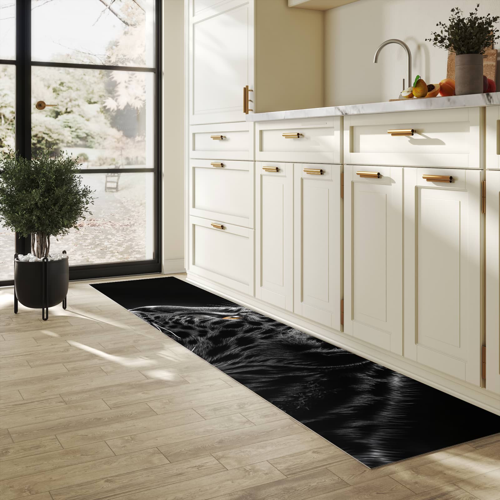 Rutschfester Küchenläufer mit Motiv Leopard Silhouette in heller Küche