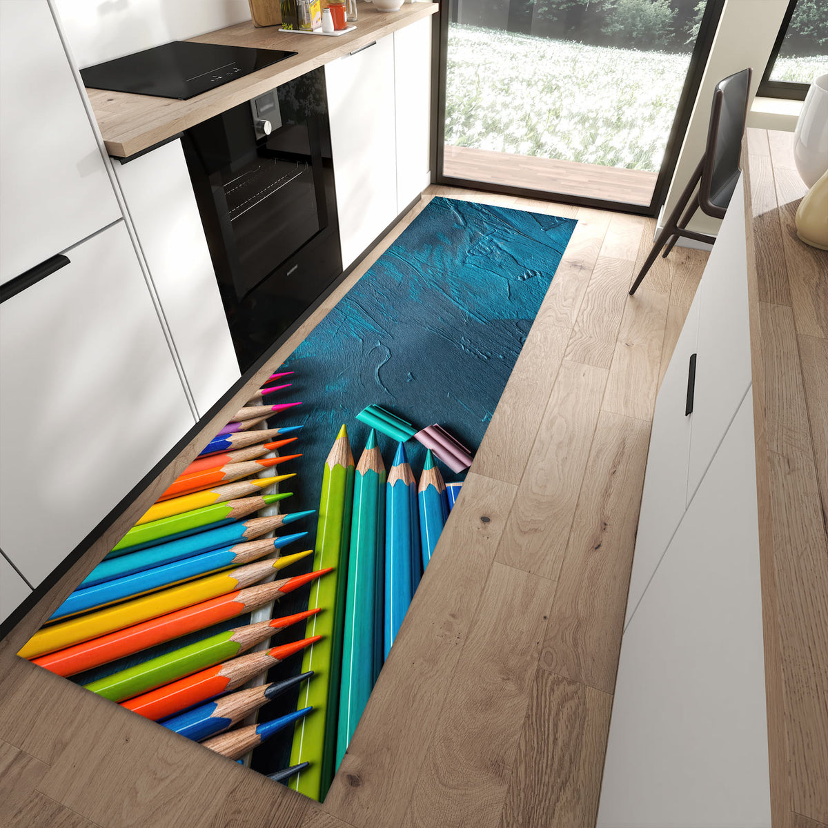 Waschbarer Küchenteppich mit Motiv Buntstifte auf Holz in moderner Küche