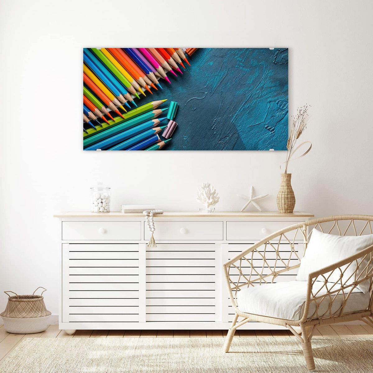 Echtglas, 4 mm – kein Acryl, keine Folie – Wandbild - Buntstifte auf Türkis - Querformat