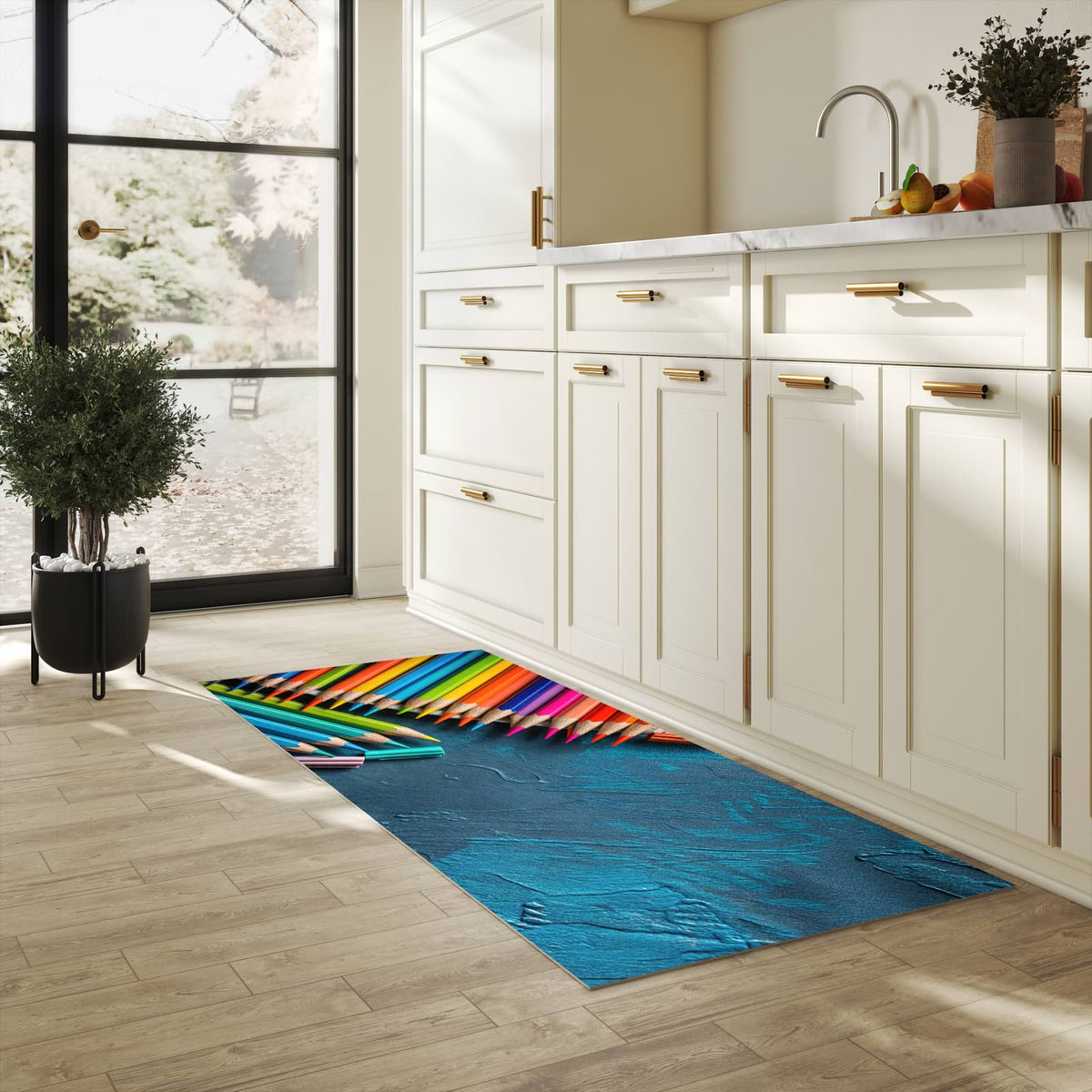 Bodenschonender waschbarer Küchenteppich mit Motiv Buntstifte auf Holz in heller Küche