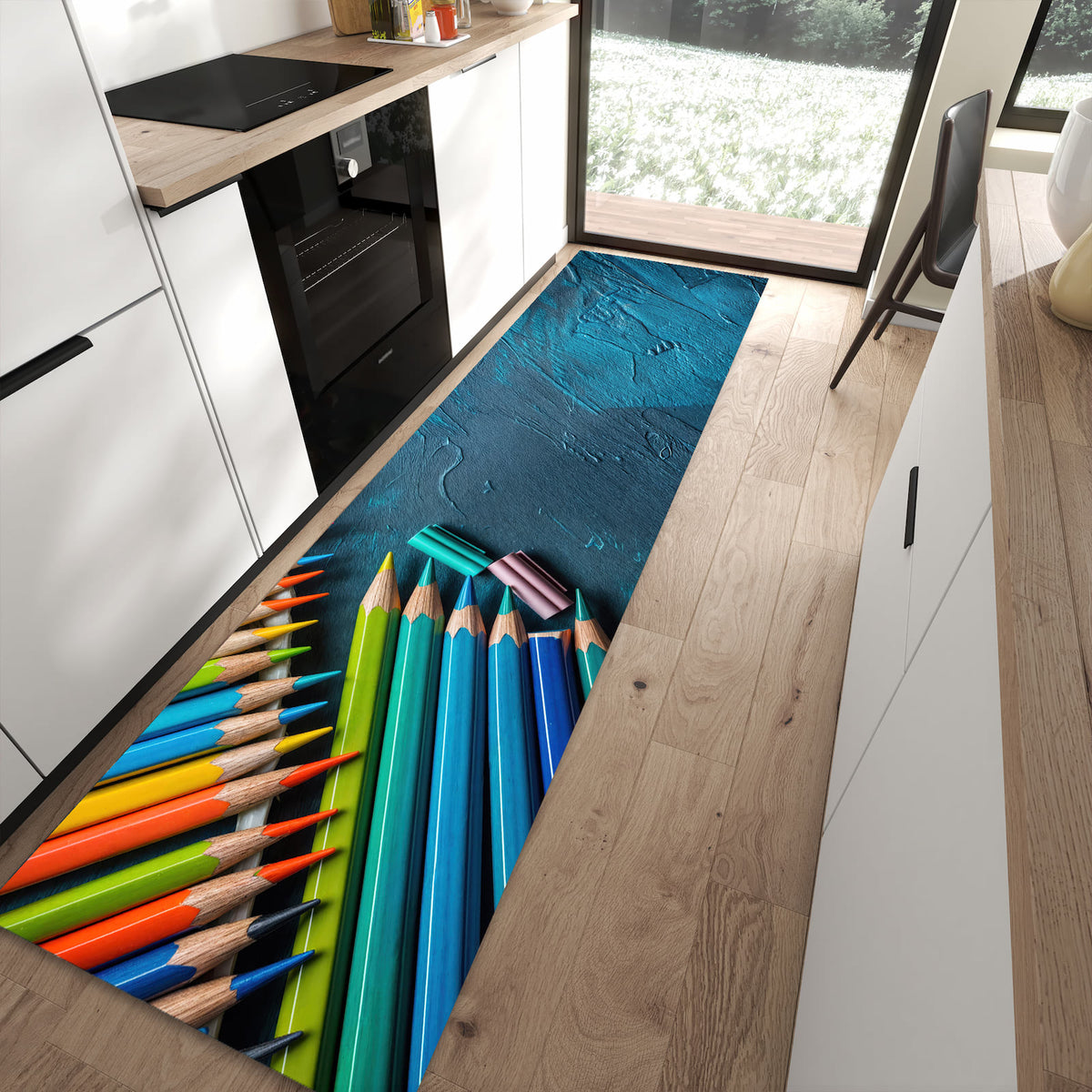 Langlebiger Küchenvorleger mit Motiv Buntstifte auf Holz in moderner Küche