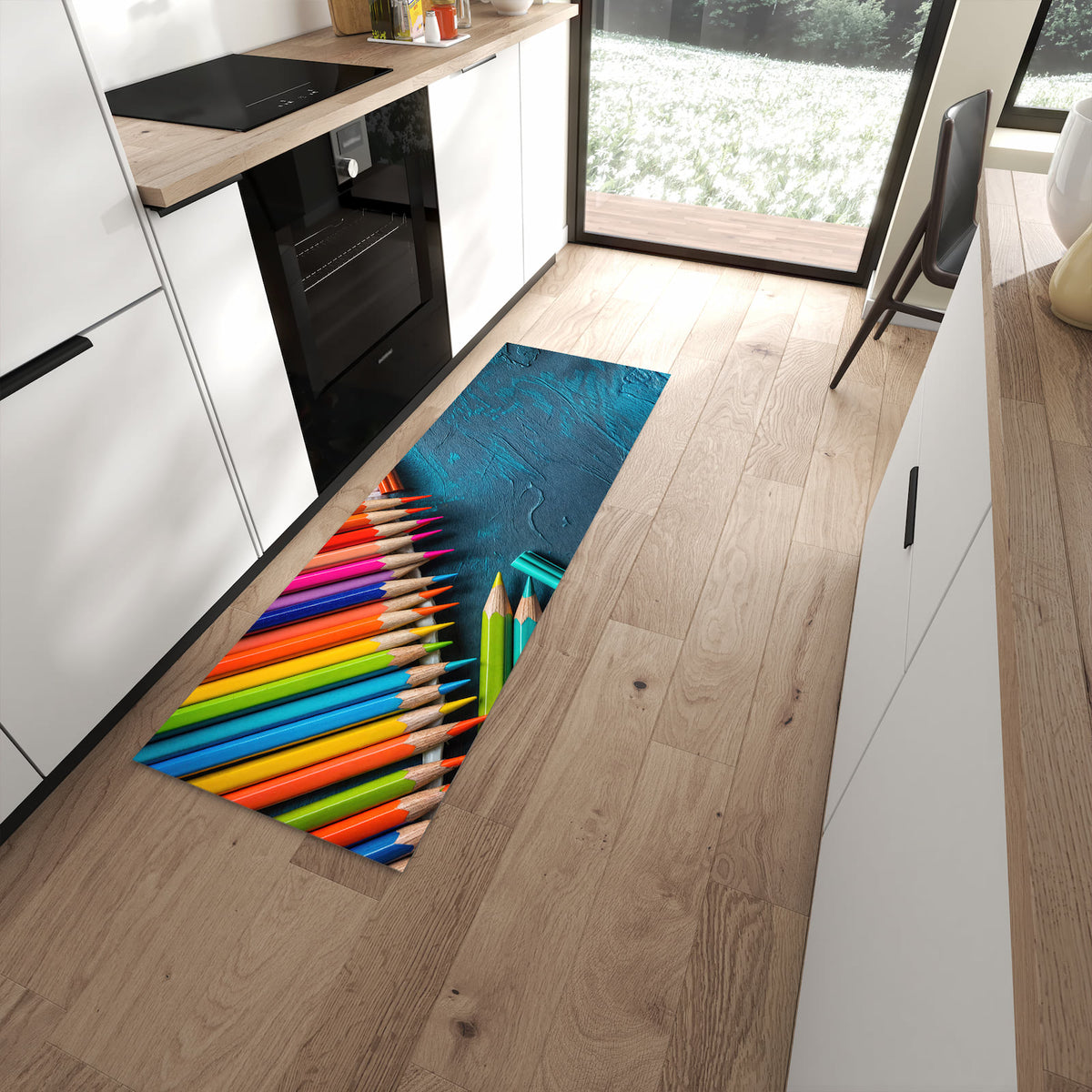 Pflegeleichter Teppich für die Küche mit Motiv Buntstifte auf Holz in moderner Küche