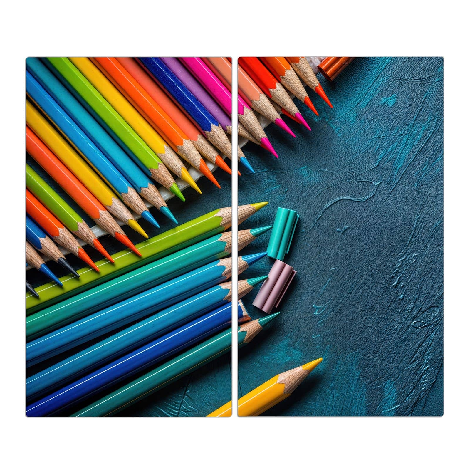 2-teilige Herdabdeckplatte mit Buntstifte auf Holz-Motiv in der Frontansicht #grösse_2-Teilig (60x52cm)