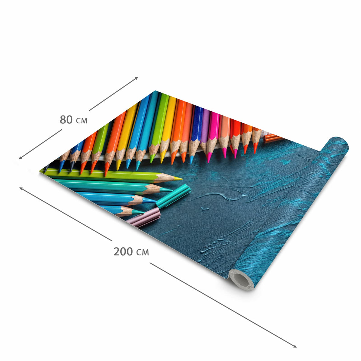 Strapazierfähiger dünner Teppich mit Motiv Buntstifte auf Holz in der Grösse 60x300 cm