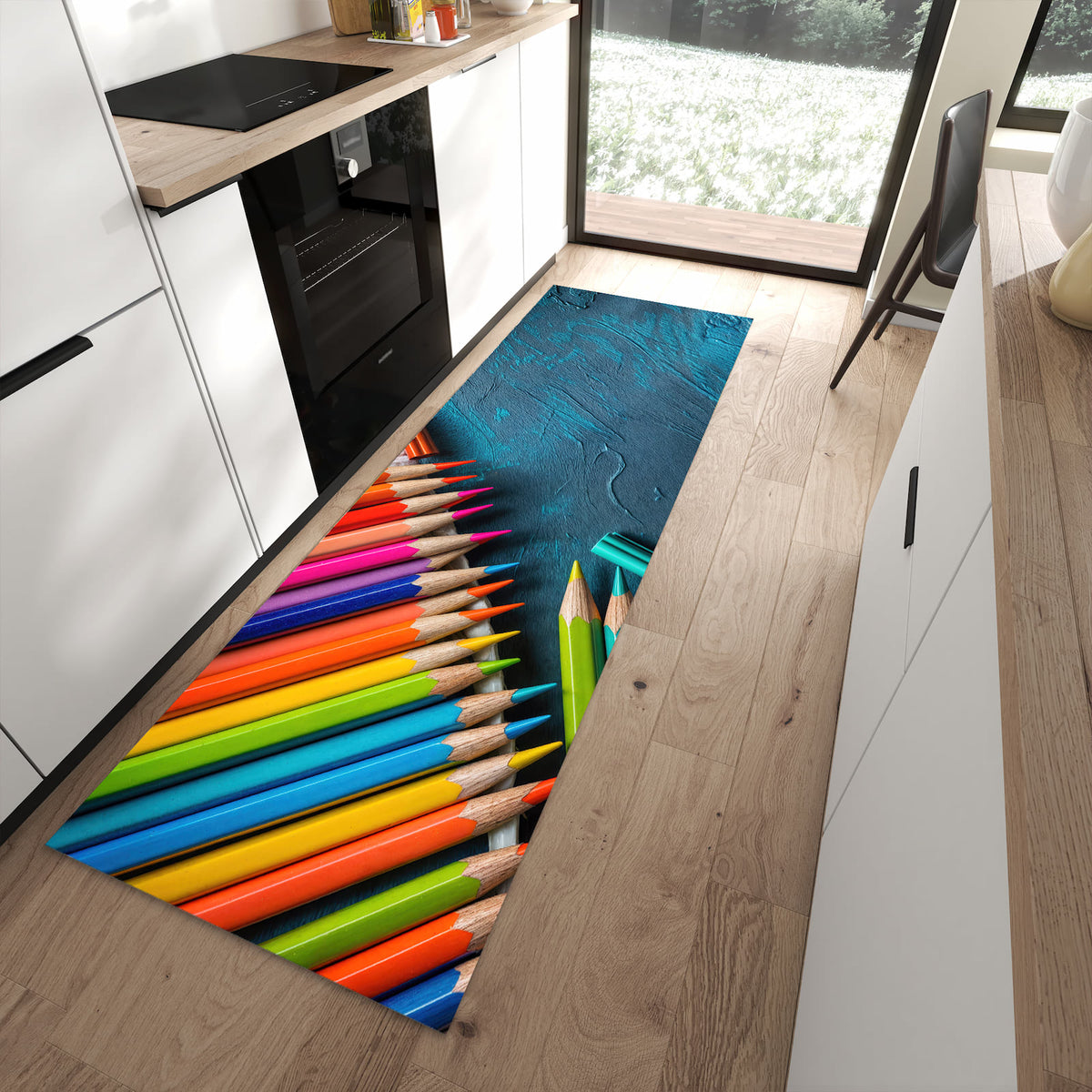 Strapazierfähiger Küchenläufer mit Motiv Buntstifte auf Holz in moderner Küche
