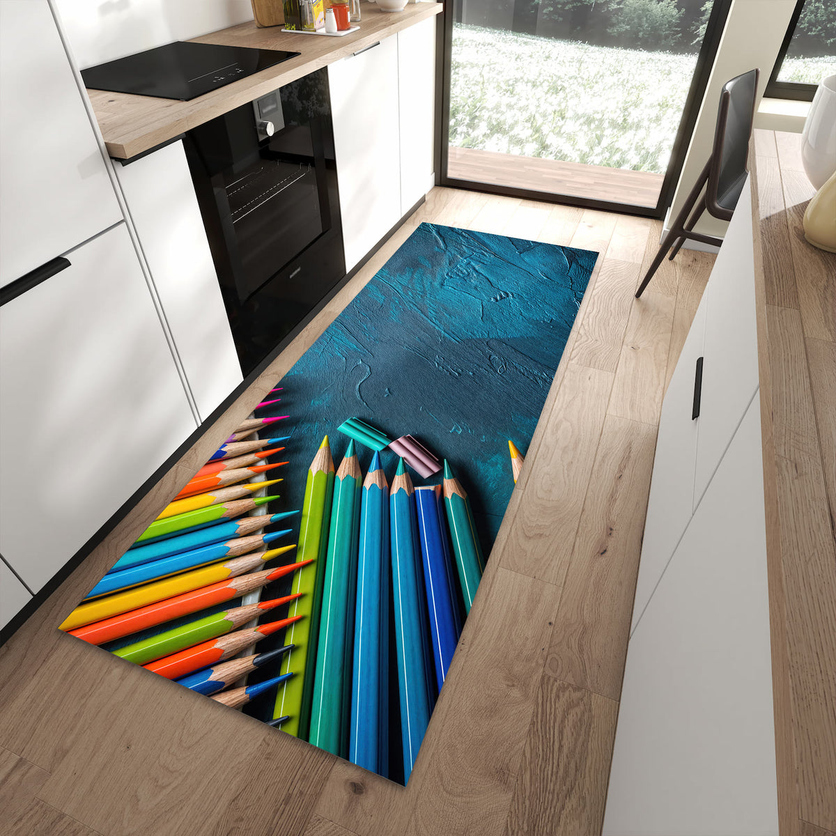 Feuchtigkeitsresistenter Küchenläufer mit Motiv Buntstifte auf Holz in moderner Küche