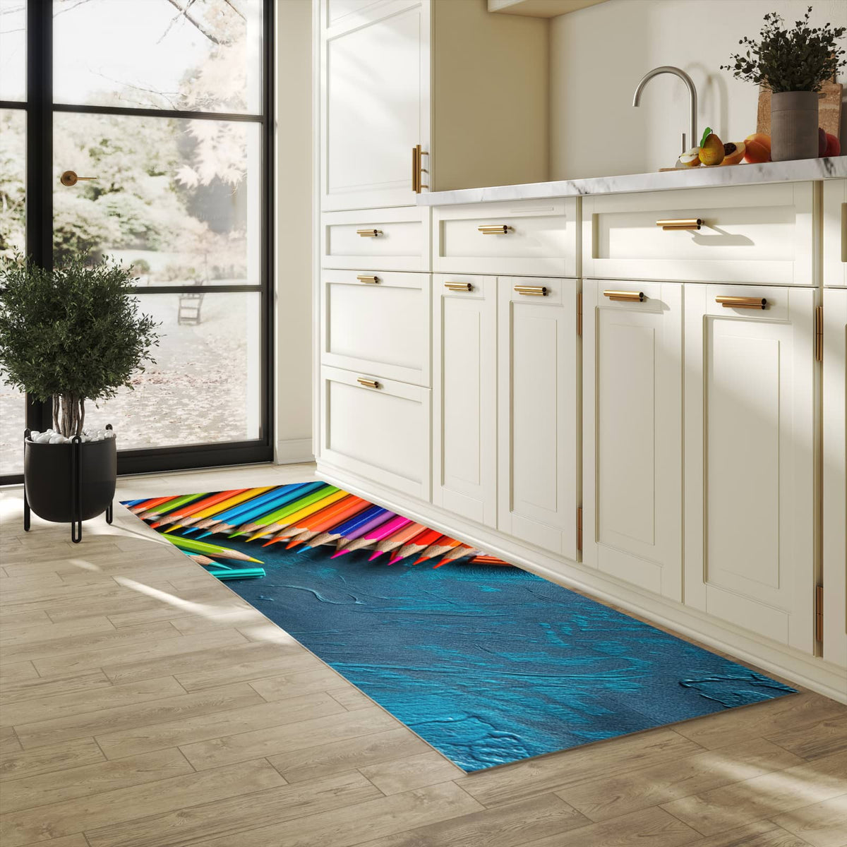 Farbbeständiger Küchenteppich mit Motiv Buntstifte auf Holz in heller Küche